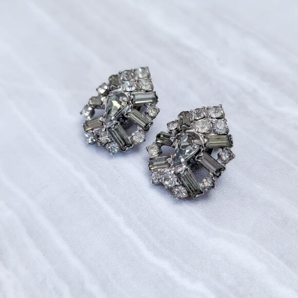 Vintage Clip On Earrings Stylish Smokey Tone Gems Large Regal Art Deco Style - Picture 3 of 5